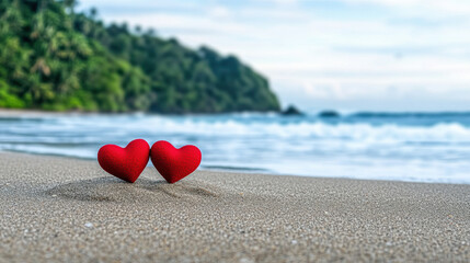 Fototapeta premium Two red hearts on a sandy beach near the ocean, symbolizing love and romance.