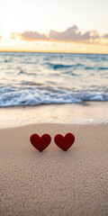 Fototapeta premium Two hearts drawn in sand by the shoreline, with waves gently lapping in the background at sunset.