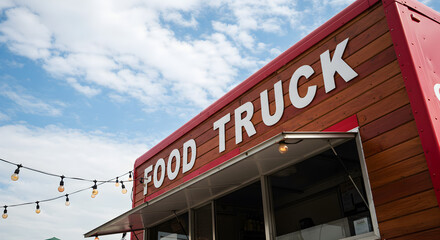 Obraz premium Close Up of Red Food Truck with White Lettering and String Lights Under a Partly Cloudy Blue Sky
