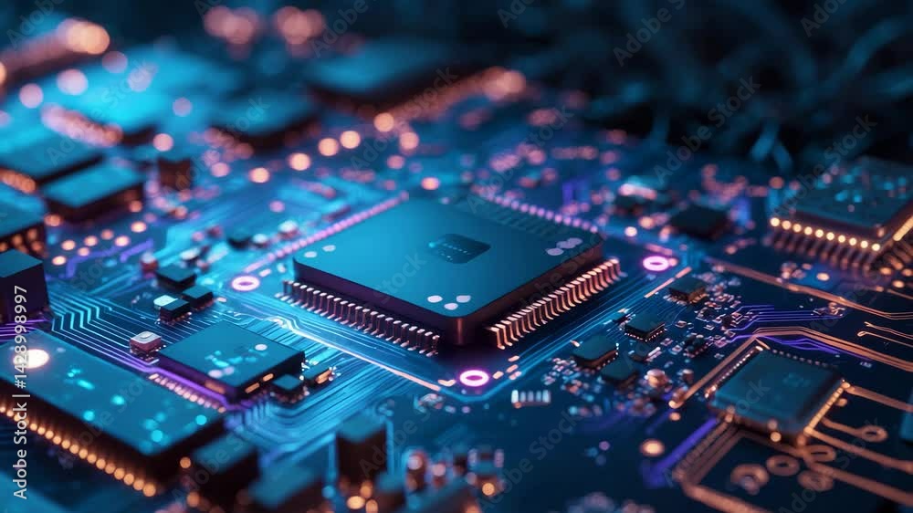 Poster a macro view of an electronic circuit board featuring microchips and processors with advanced animat