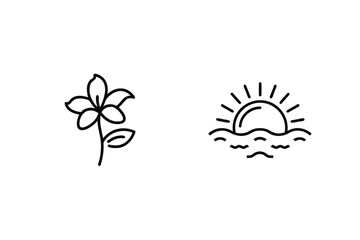 Obraz premium Minimalist Design Of Flower And Sunset Over Sea Waves Black Line Art