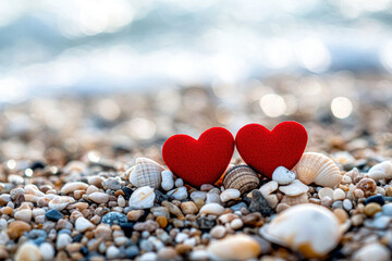 Obraz premium Two red hearts among seashells on a sandy beach, creating a romantic and serene atmosphere.