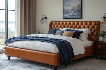 Minimalist brown leather bed with diamond-patterned headboard, black legs, and sleek design in modern bedroom with white walls and light grey carpet
