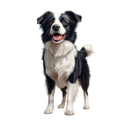 A playful and energetic border collie dog sitting in a studio setting with a bright expression and a ball toy in the foreground