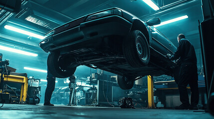 Car servicing in a garage with mechanics inspecting lifted vehicle on hydraulic ramp
