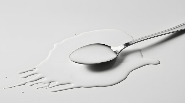Silver Spoon Resting on Milk Spill on White Background