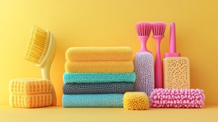 Colorful cleaning supplies.  A stack of vibrant towels and assorted cleaning brushes and sponges