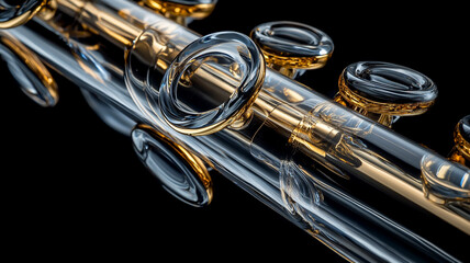 Naklejka premium Close-up of an elegant glass flute, with reflections on the metal pipes, against an isolated black background. This high-resolution, professional photograph was taken in a studio with lighting. 