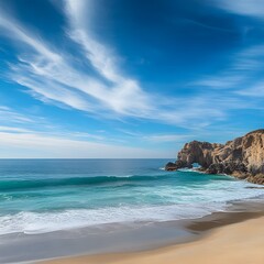Obraz premium Stunning Ocean Beach Scene with Rock Arch and Blue Sky