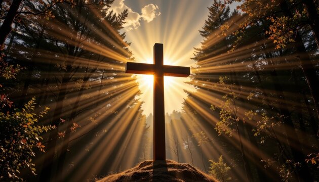 A dramatic composition of a cross with rays of light breaking through the trees.