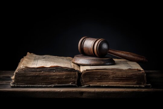 Gavel and Ancient Book on Wooden Table - Powered by Adobe