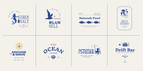 Set of ocean-themed vector logos. Includes stylized waves, marine animals, and coastal elements. Great for branding beach resorts, travel services, or eco-friendly businesses.