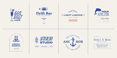 Set of ocean-themed vector logos. Includes stylized waves, marine animals, and coastal elements. Great for branding beach resorts, travel services, or eco-friendly businesses.