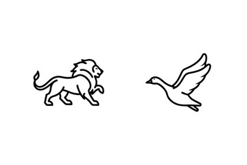 Lion And Flying Goose Outline Illustration Wildlife And Bird Minimalist Design © Rupasi