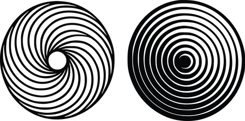 Two abstract spiral vector graphics black and white optical illusion designs