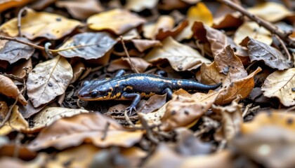 A salamander nestled in a bed of fallen leaves, blending seamlessly into its surroundings.