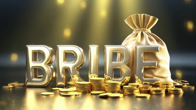 BRIBE, money bag and gold coins symbolize the concept of illegal payment and corruption in financial transactions