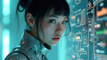 Futuristic woman with intense mood interacting with digital interface in high-tech environment