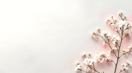 white gypsophila flowers on pastel mint watercolor wash background flat lay top view