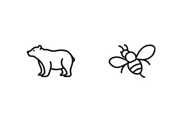 Minimalist Line Art Illustration Of A Bear And A Bee On White Background