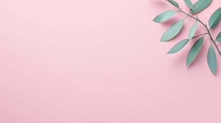 minimalist pink background with green leaves - perfect for design and decoration