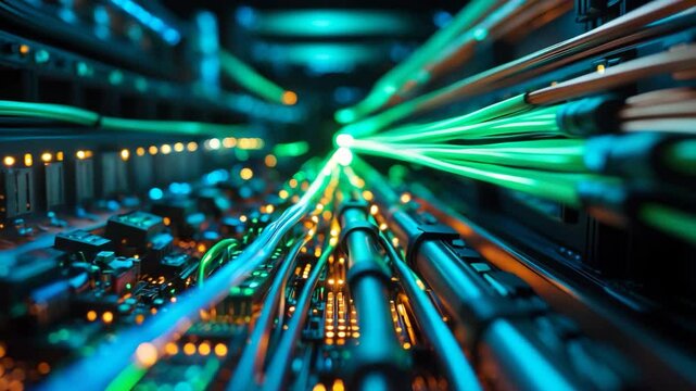 Close-up of fiber optic connections highlighting vibrant colors and intricate technology details for modern data infrastructure