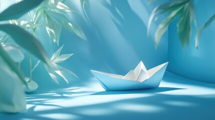 Origami boat nestled in a light-filled blue backdrop with tropical foliage