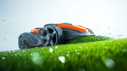 Autonomous robotic lawnmower cutting vibrant green grass