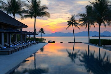 Obraz premium Photograph of a luxurious swimming pool with palm trees and beach chairs at sunset on an island in Thailand, a vacation background for a travel poster. 