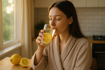 Woman Drinking Lemon Water for Hydration and Health in Morning Wellness Routine