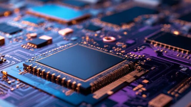 A pattern of microprocessor circuits on a silicon wafer used in semiconductor and photonic manufacturing.