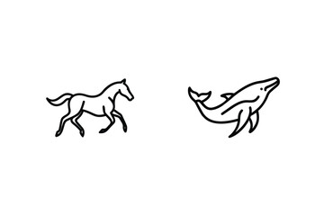 Simple Black Line Art Illustration Of A Horse And A Dolphin Set