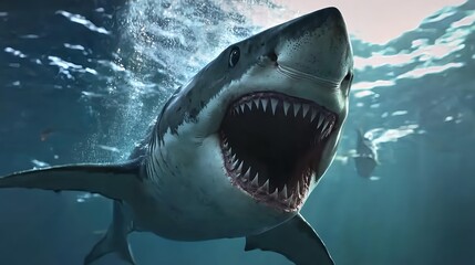 Naklejka premium Realistic Underwater Image of a Great White Shark in Action