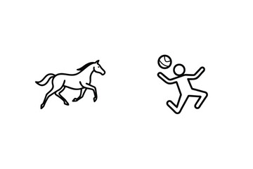 Stick Figure Playing Ball With Running Horse Line Art Illustration