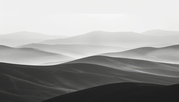Fototapeta A minimalist black and white landscape photograph of rolling hills, with the foreground showing subtle gradients in shades from dark grey to light gray