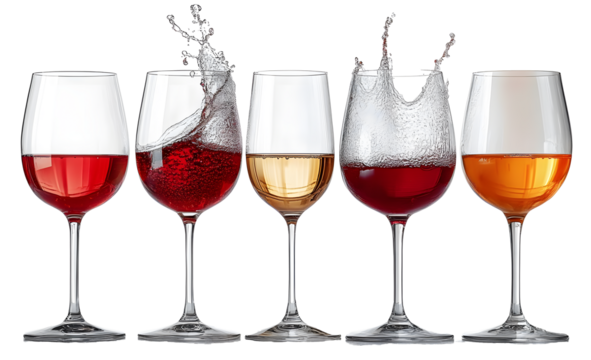Collection of red and white wine glasses isolated on white transparent background. Rose wine splashing in glassware