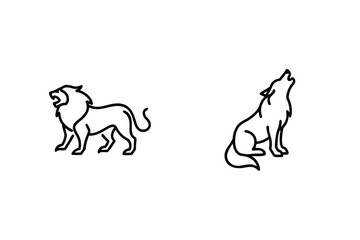 Lion And Wolf Outlines In Minimalist Design Style Black And White Illustration