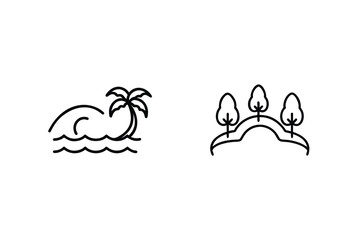 Set Of Line Art Drawings Of A Palm Tree And Forest Landscape