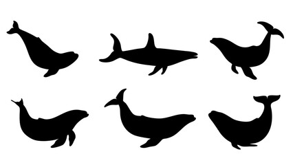 set of Blue whale silhouette vector on white background