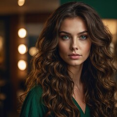 Belleza natural destacada en un ambiente moderno: mujer con cabello ondulado y ojos verdes