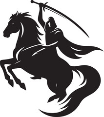 Silhouette of Medieval Warrior on Horse with Sword – Vector Art	