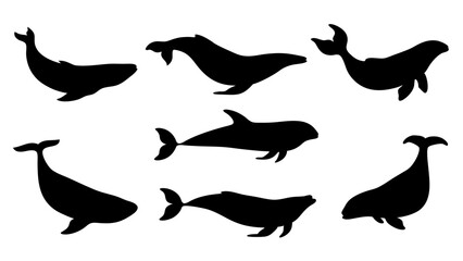 set of Blue whale silhouette vector on white background
