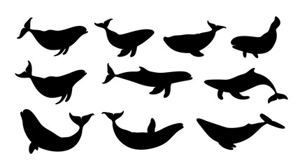 set of Blue whale silhouette vector on white background