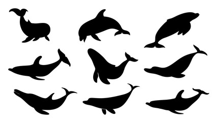 set of Blue whale silhouette vector on white background