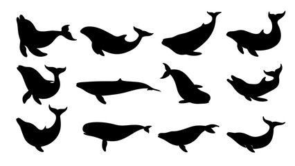 set of Blue whale silhouette vector on white background