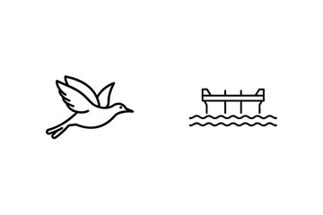 Minimalist Icon Set Featuring Flying Bird And Pier On Water Illustration