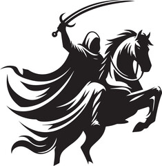 Silhouette of Medieval Warrior on Horse with Sword – Vector Art	