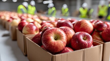 Fresh red apples fill cardboard boxes while workers efficiently manage the loading dock in a modern warehouse environment