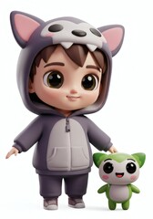 Naklejka premium Adorable Cartoon Boy in Wolf Costume with a Cute Green Companion Character