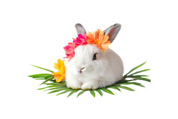 Transparent background of a white and brown rabbit figurine laying down with a calm expression.